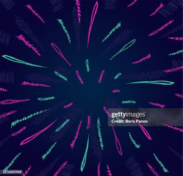 fluorescent pink and blue explosion doodles on dark blue background - pencil texture background stock illustrations
