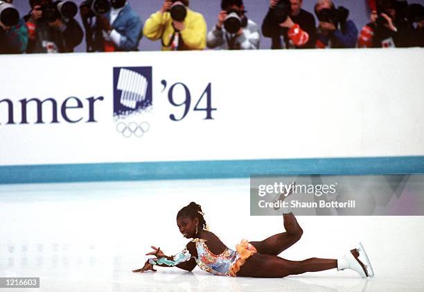 Surya Bonaly of France in action in the women's technical program at the 1994 Lillehammer Winter Olympics.