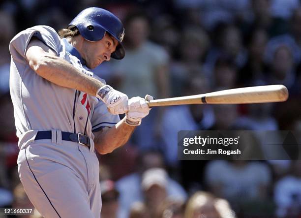 Against the Boston Red Sox, Los Angeles Dodgers batter Shawn Green connects at Fenway Park in Boston, Massachusetts on June 12, 2004.