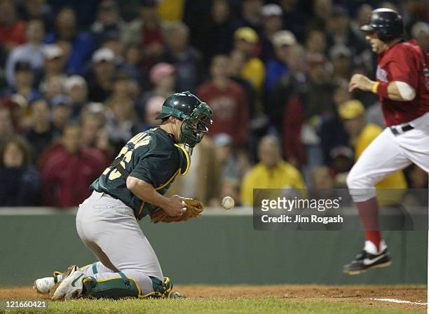 Boston Red Sox base runner Kevin Millar, right, is safe at home as Oakland Athletics catcher bobbles the ball.