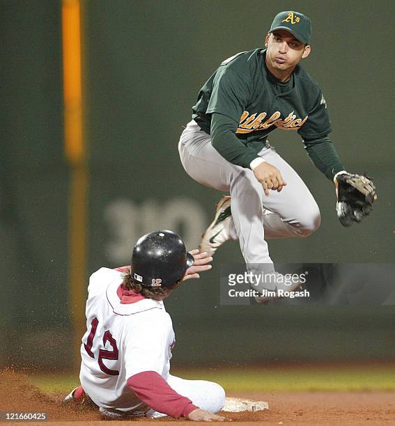 Boston Red Sox's Mark Bellhorn slides after Oakland Athletics second baseman Marco Scutaro turns a double play, Thursday, May 27, 2004. The Red Sox...