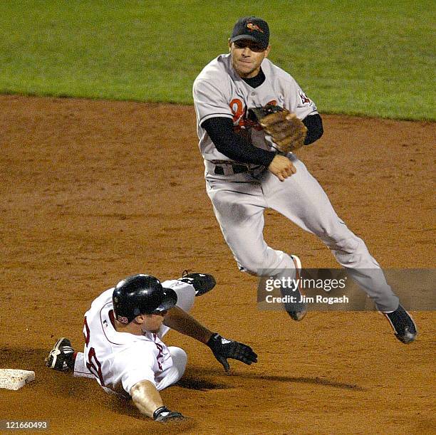 Baltimore Orioles shortstop Deivi Cruz turns a double play as Boston Red Sox base runner Gabe Kapler slides Thursday, September 25, 2003.