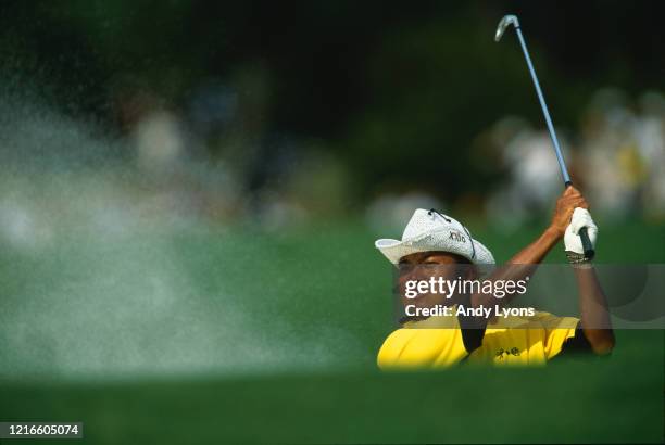 Shingo Katayama of Japan hits out of a sand bunker during the 83rd PGA Championship golf tournament on 19th August 2001 at the Atlanta Athletic Club...