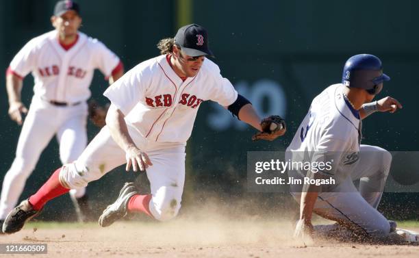 Boston Red Sox second baseman Mark Bellhorn, left, slaps a late tag on Los Angeles Dodgers' base runner Cesar Izturis as he slides safely at Fenway...