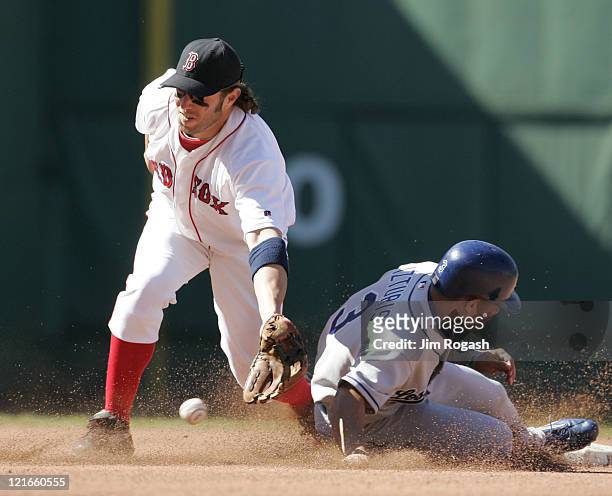 Boston Red Sox second baseman Mark Bellhorn, left, cannoy handle the throw to second as Los Angeles Dodgers' base runner Cesar Izturis slides safely...