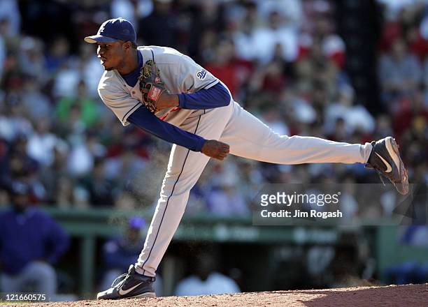 Against the Boston Red Sox, Los Angeles Dodgers relief pitcher Guillermo Mota throws at Fenway Park in Massachusetts on Saturday, June 12, 2004.