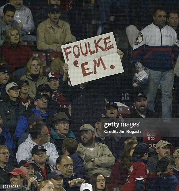 Boston Red Sox fans show their support for relief pitcher Keith Foulke. The Red Sox beat the A's 9-6 at Fenway Park in Boston Massachusetts on May...