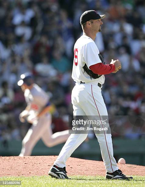 Boston Red Sox pitcher Tim Wakefield paces the mound after he had given up a home run to Los Angeles Dodgers' Jason Werth at Fenway Park in Boston,...
