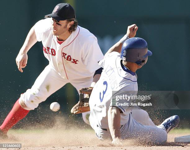 Boston Red Sox second baseman Mark Bellhorn, left, cannot handle the throw to second as Los Angeles Dodgers' base runner Cesar Izturis slides safely...