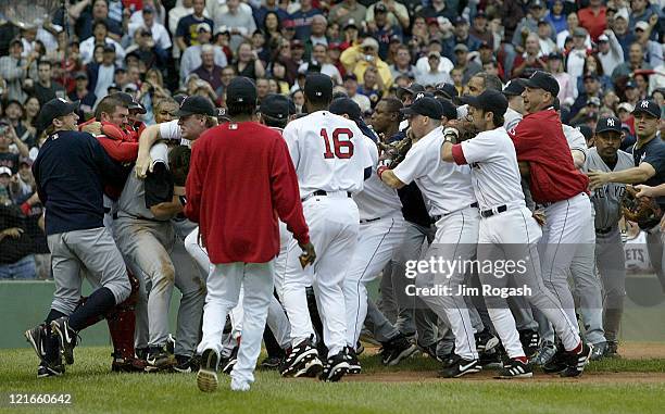 Boston Red Sox and the New Yankees brawl in the third inning after Yankees batter Alex Rodriguez was hit by a pitch by Red Sox's Bronson Arroyo at...