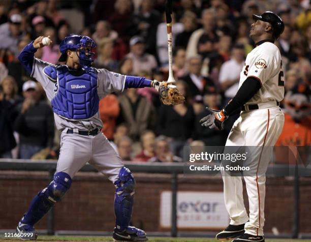 San Francisco Giants Barry Bonds strikes out as Los Angeles Dodgers catcher Brent Mayne throws to third, September 24, 2004 at SBC Park in San...