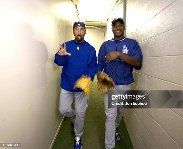 Los Angeles Dodgers pitchers Jose Lima, right and Edwin Jackson prior to game with the Chicago Cubs Friday, August 13, 2004 at Wrigley Field in...