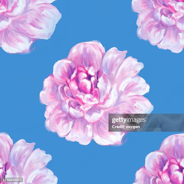 peonies flower art pattern. pink floral oil painted seamless pattern. watercolor  design blue background for wallpaper, background, textile, fabric, packaging, wrapping paper, covers - seamless flower aquarel imagens e fotografias de stock