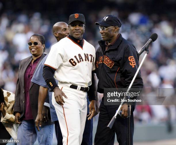Barry Bonds and Bobby Bonds during a ceremony honoring Barry Bonds' 500th stolen base