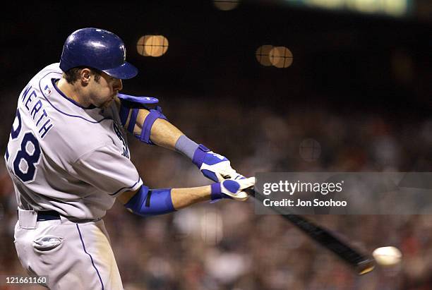 Los Angeles Dodgers left fielder Jayson Werth singles vs San Francisco Giants, September 24, 2004 at SBC Park in San Francisco, California. The...