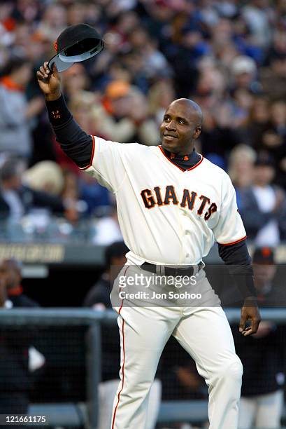 Barry Bonds during a ceremony for Bond's home run 660 that tied him with Willie Mays prior to the game against the Dodgers in SBC Park in San...