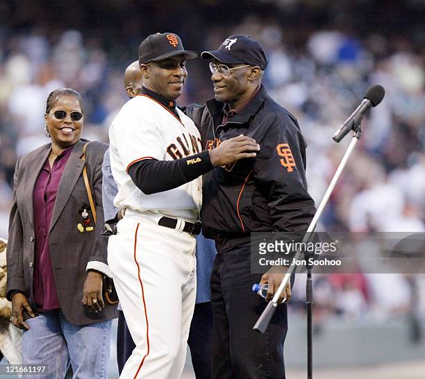 Barry Bonds and Bobby Bonds during a ceremony honoring Barry Bonds' 500th stolen base