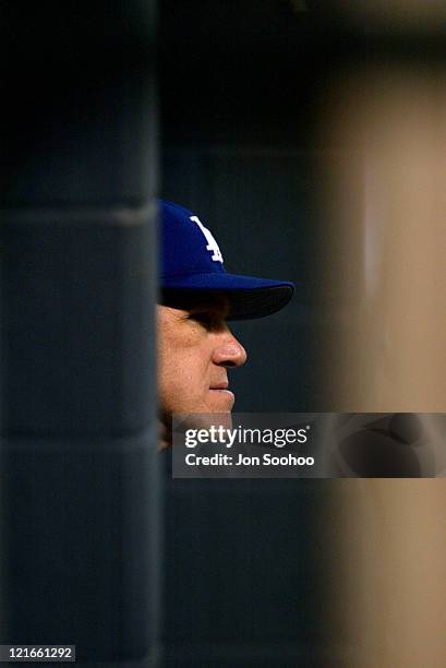 Dodger manager Jim Tracy looks at the field during the 18-4 loss to the Astros at Minute Maid Park.