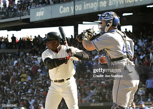 San Francisco slugger Barry Bonds is walked intentionally versus Los Angeles on Saturday, September 25, 2004 at SBC Park in San Francisco,...