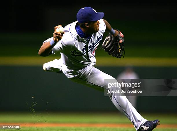 Los Angeles Dodgers third baseman Adrian Beltre throws to first base Cincinnati Reds at Great American Ballpark in Cinncinatti, Ohio on Wednesday,...