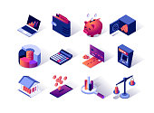 Financial management isometric icons set. Credit card, ATM terminal, wallet, piggy bank, calculator and bank safe.
