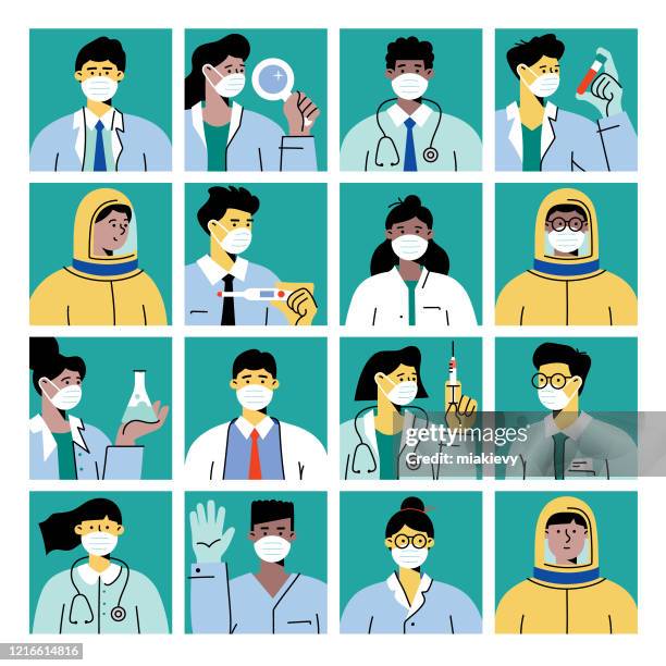 healthcare workers with protective masks - protective workwear stock illustrations