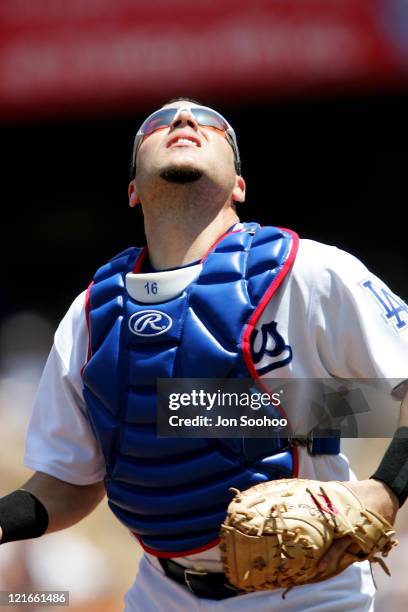 Los Angeles Dodgers Paul Loduca goes after foul ball of Colorado Rockies Todd Helton in Los Angeles, California on July 22, 2004