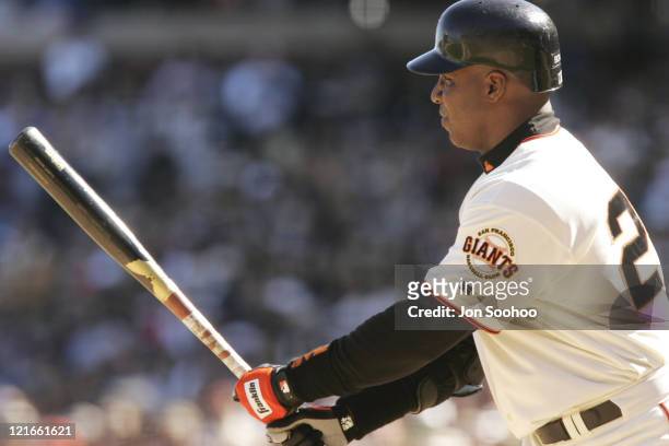San Francisco Giants Barry Bonds stands in the batter's box versus the Los Angeles Dodgers on Saturday, September 25, 2004 at SBC Park in San...