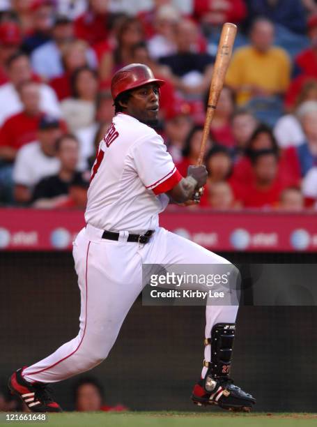 Vladimir Guerrero of the Los Angeles Angels of Anaheim bats during 12-5 loss to the Seattle Mariners in Major League Baseball game in Anaheim, Calif....