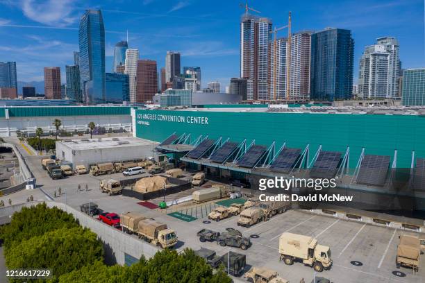 Drone aerial view shows California National Guard troops gathered at the Los Angeles Convention Center after being activated by California Governor...