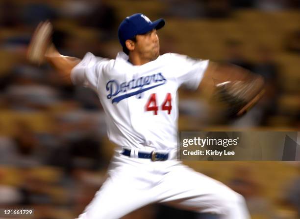 Los Angeles Dodgers Japanese relief pitcher Takashi Saito is a blur during 5-4 victory over the St. Louis Cardinals in Major League Baseball game at...
