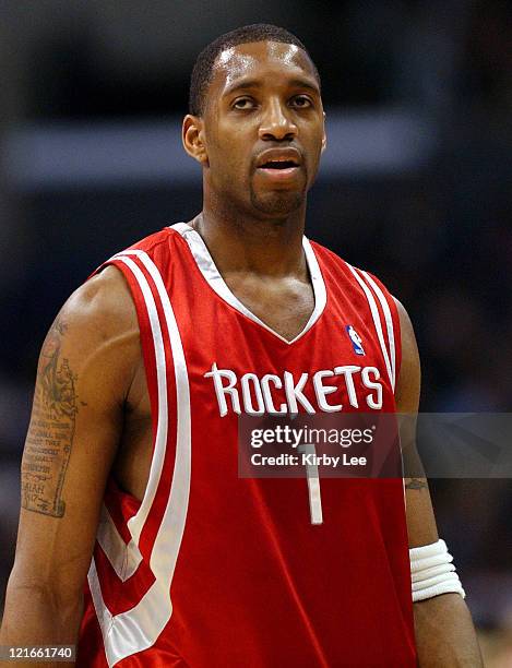 Tracy McGrady of the Houston Rockets walks onto the floor during the NBA game between the Los Angeles Lakers and the Houston Rockets at the Staples...