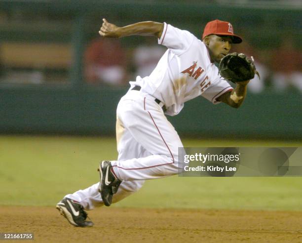 Chone Figgins of the Anaheim Angels bats during 2-0 victory over the Texas Rangers at Angel Stadium on Wednesday, July 28, 2004.