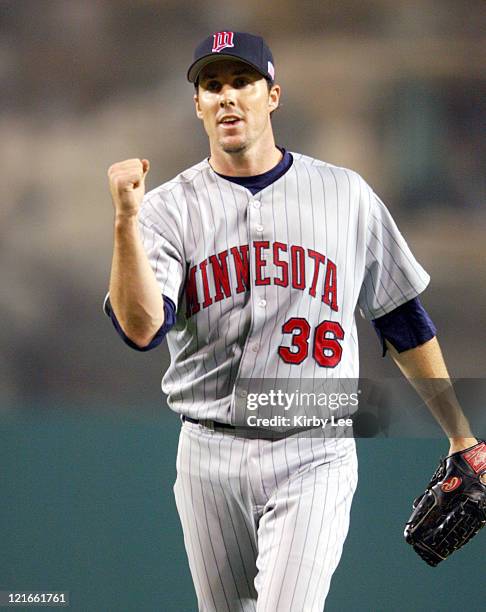 Minnesota Twins reliever Joe Nathan celebrates the final out of 7-5 victory over the Los Angeles Angels of Anaheim at Angel Stadium in Anaheim,...