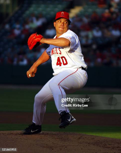 Los Angeles Angels of Anaheim pitcher Bartolo Colon pitches during 8-6 victory over the Texas Rangers at Angel Stadium in Anaheim, Calif. On Tuesday,...