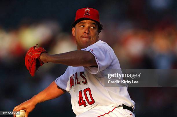 Los Angeles Angels of Anaheim pitcher Bartolo Colon pitches during 8-6 victory over the Texas Rangers at Angel Stadium in Anaheim, Calif. On Tuesday,...