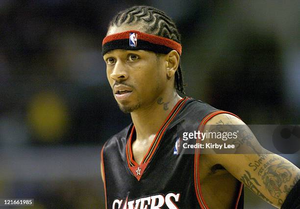 Allen Iverson of the Philadelphia 76ers takes a break during the NBA game between the Los Angeles Lakers and the Philadelphia 76ers at the Staples...
