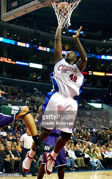 Elton Brand of the Los Angeles Clippers throws up a shot during the NBA game between the Los Angeles Clippers and the Milwaukee Bucks at the Staples...