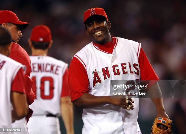 Vladimir Guerrero of the Los Angeles Angels of Anaheim smiles after a 8-6 victory over the New York Yankees at Angel Stadium in Anaheim, Calif. On...