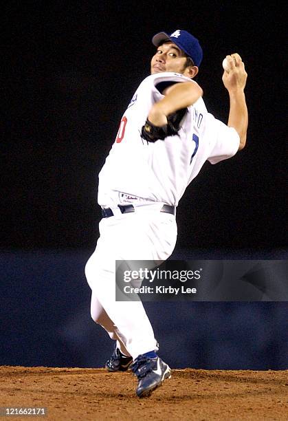 Hideo Nomo of the Los Angeles Dodgers pitches against the San Francisco Giants on Saturday, Sept. 20, 2003 at Dodger Stadium.