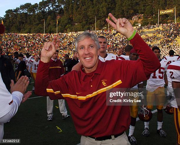 Coach Pete Carroll celebrates 35-10 victory over California for the Trojans' 32nd consecutive victory in Pacific-10 Conference football game at...