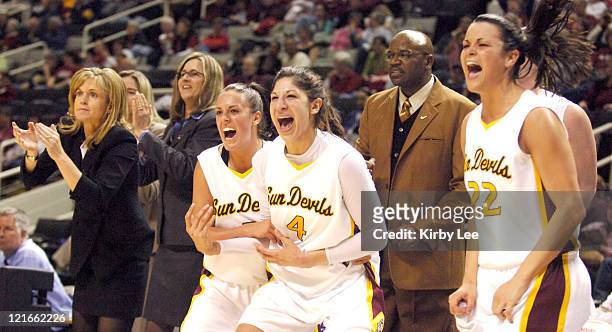 Arizona State coach Charlie Turner Thorne, Reagan Pariseau, Emily Westerberg and Jill Noe celebrate during 74-66 victory over Oregon State in...