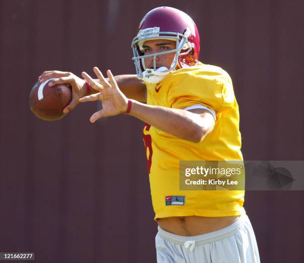 Freshman quarterback Mark Sanchez throws a pass during practice at Howard Jones Field on the campus of the University of Southern California in Los...
