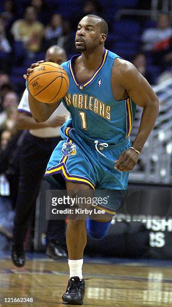 Baron Davis of the New Orleans Hornets in action during the game between the New Orleans Hornets and the Los Angeles Clippers at the Staples Center...