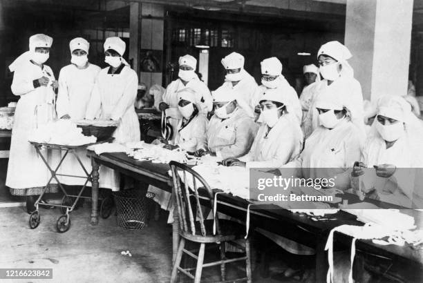Women working for the Red Cross make masks during the pandemic flu in 1918.