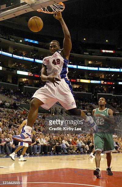 Elton Brand of the Los Angeles Clippers dunks during the 134-127 double overtime loss to the Boston Celtics at the Staples Center in Los Angeles,...