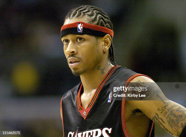 Allen Iverson of the Philadelphia 76ers takes a break during the NBA game between the Los Angeles Lakers and the Philadelphia 76ers at the Staples...