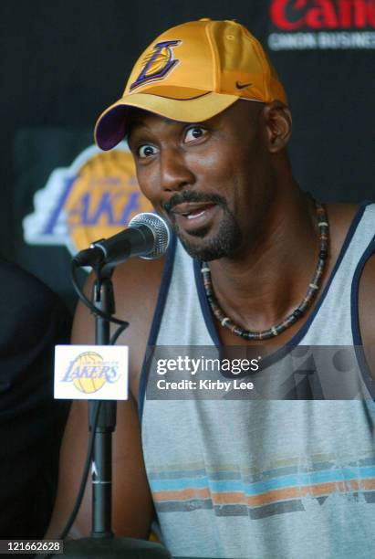 Karl Malone at Staples Center press conference to announce contract signing with the Lakers.