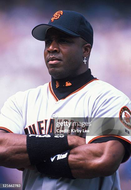 Barry Bonds of the San Francisco Giants during April 2, 2002 game in Los Angeles, Calif.