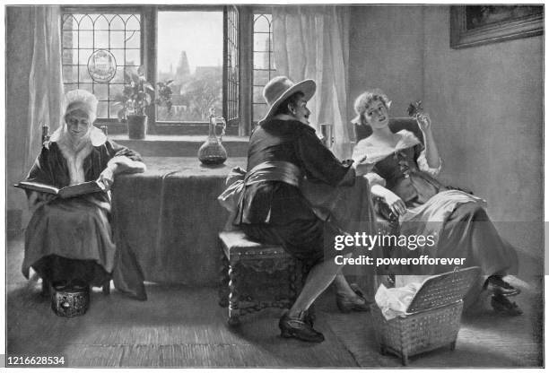 a flirtation by max volkhart - 19th century - romantic dinner table stock illustrations